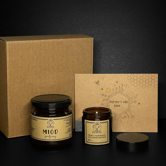 Zestaw prezentowy miód, świeca z wosku pszczelego frontowo