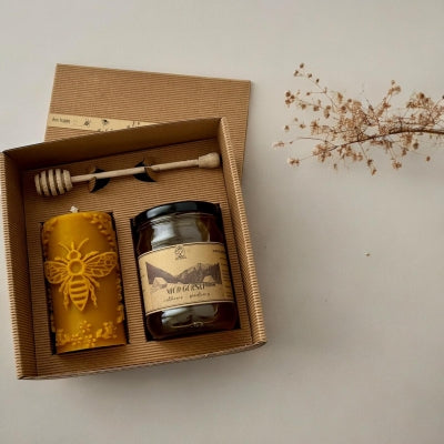 Zestaw Prezentowy NATURALNY MIÓD ŚWIECZKA PSZCZELA Z NABIERAKIEM Apimel