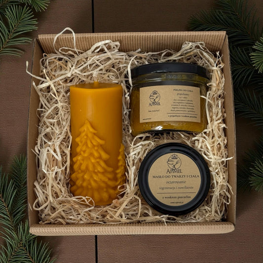 Zestaw świąteczny kosmetyki z woskiem pszczelim świeca choinka peeling i masło do ciała naturalny prezent na Boże Narodzenie