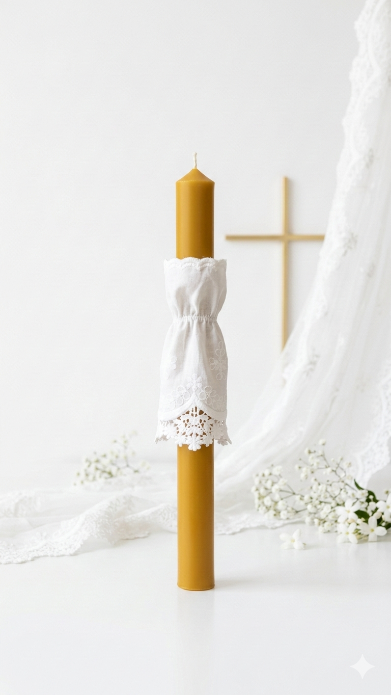 Taufkerze aus Bienenwachs - handgemachte Kerze Baumwollspitze, beige