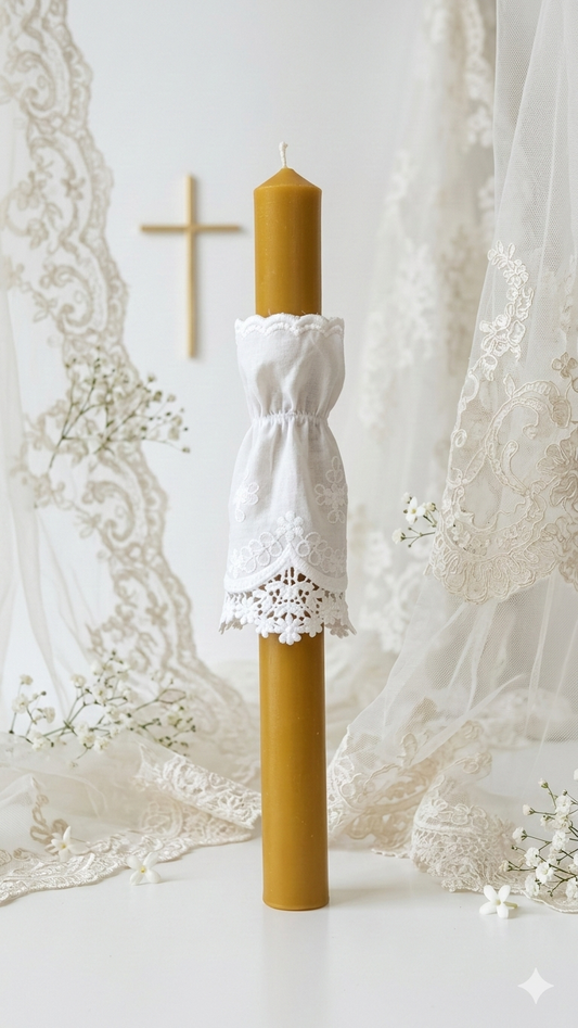 Taufkerze aus Bienenwachs - handgemachte Kerze Baumwollspitze, beige