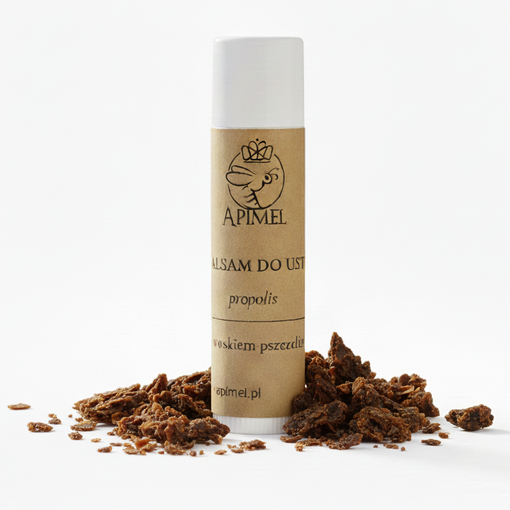 Balsam do ust propolisowy Apimel z woskiem pszczelim w sztyfcie na tle naturalnego propolisu