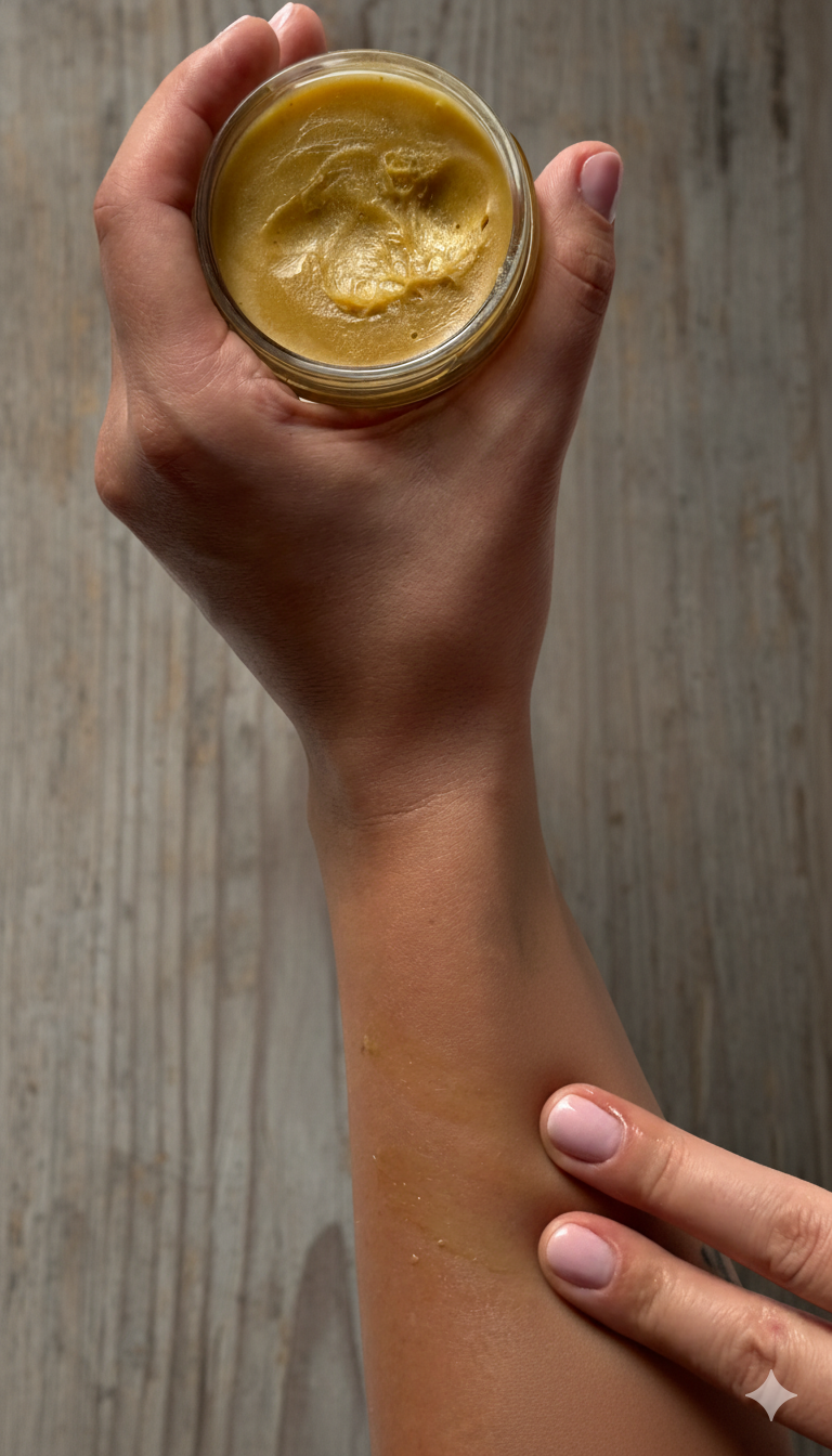 Balsam propolisowy Apimel stosowany na suchą skórę przedramienia naturalna regeneracja i ochrona