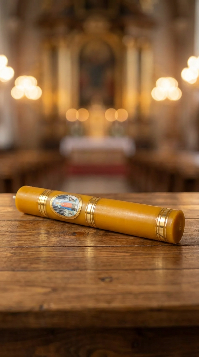 Gromnica z naturalnego wosku pszczelego z wizerunkiem Matki Boskiej na tle wnętrza kościoła