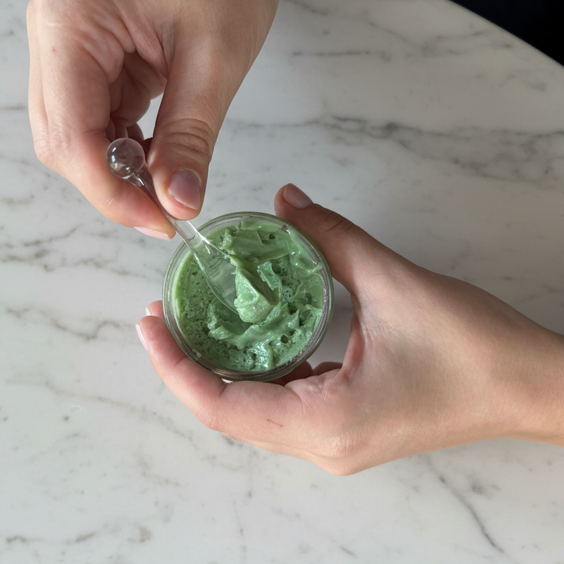 Masło do twarzy i ciała zielona herbata z woskiem pszczelim nabieranie produktu kremowa konsystencja i naturalne nawilżenie