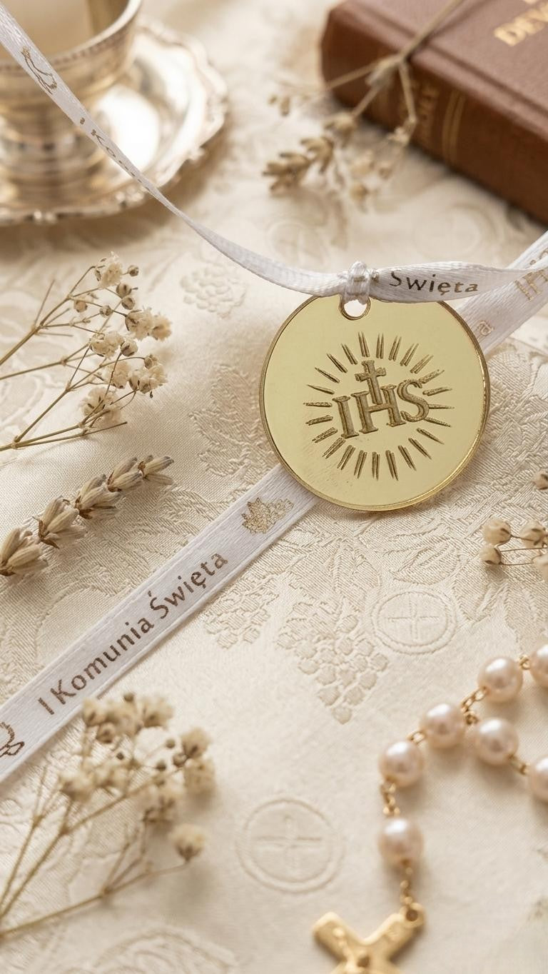medalik IHS na świecy komunijnej z wosku pszczelego detal dekoracji