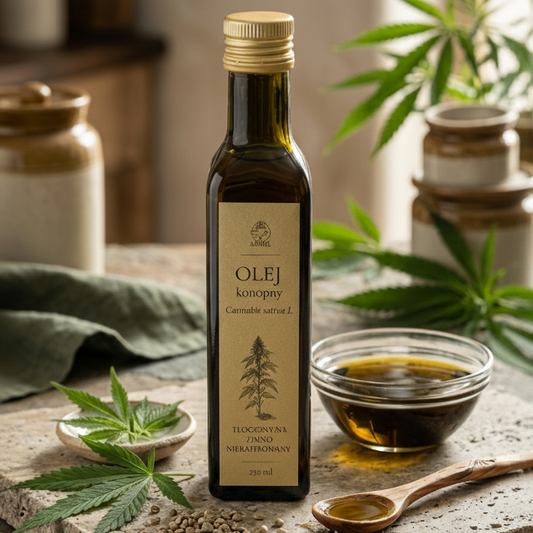 Olej konopny tłoczony na zimno nierafinowany Apimel 250 ml z nasionami i liśćmi konopi