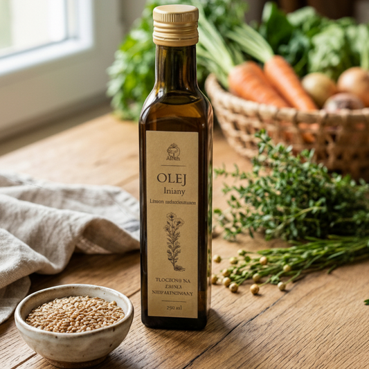 Olej lniany tłoczony na zimno nierafinowany 250 ml Apimel w kuchennej aranżacji z nasionami lnu