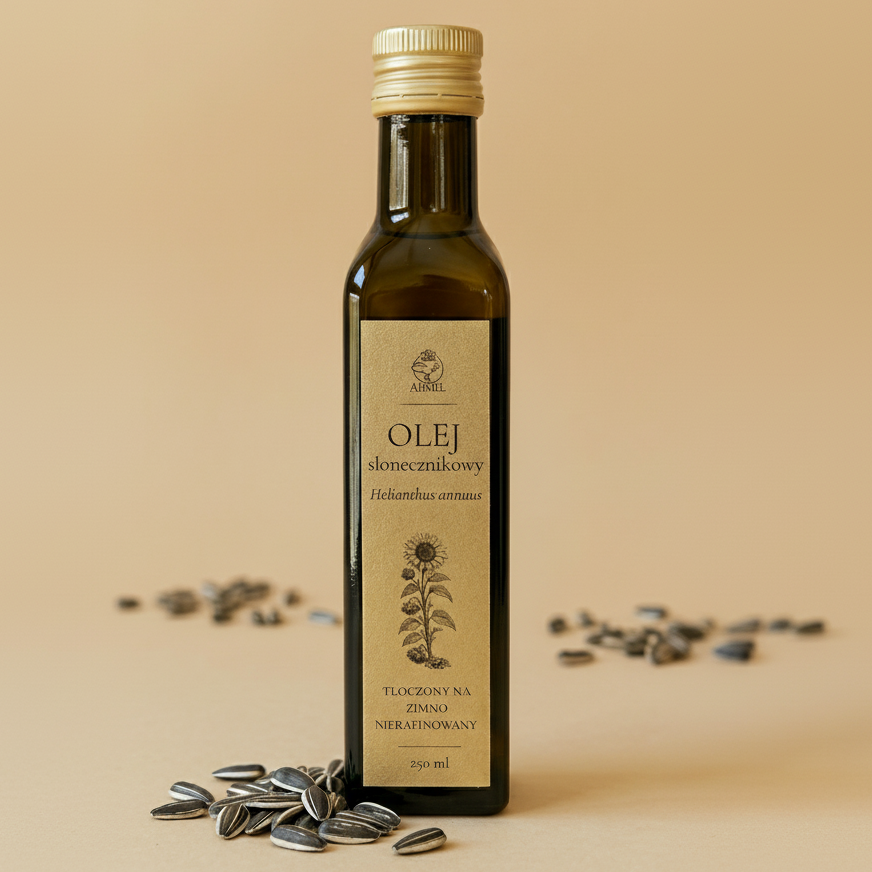 Olej słonecznikowy tłoczony na zimno nierafinowany 250 ml Apimel w butelcebutelce