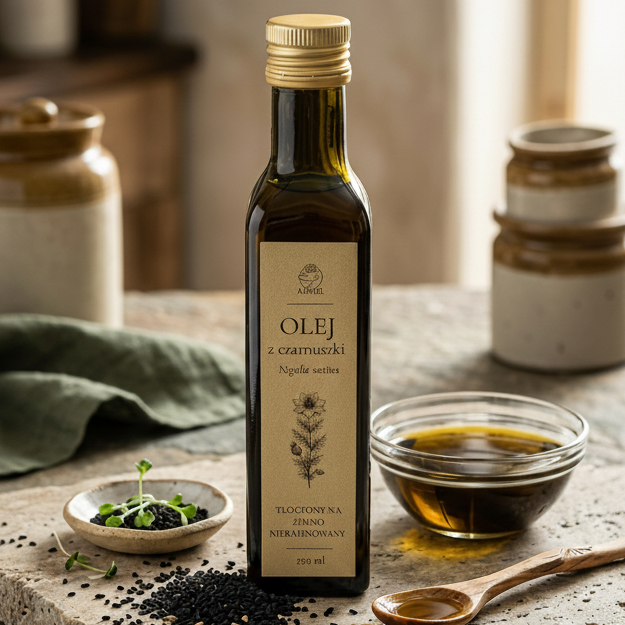 Olej z czarnuszki tłoczony na zimno nierafinowany 250 ml Apimel w kuchennej aranżacji z nasionami czarnuszki