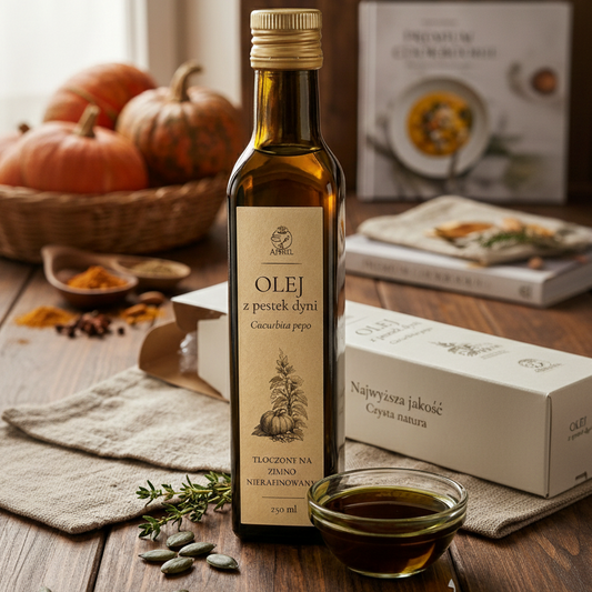 Olej z pestek dyni tłoczony na zimno nierafinowany 250 ml Apimel w kuchennej aranżacji z pestkami dyni