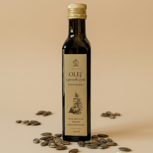 Olej z pestek dyni tłoczony na zimno nierafinowany 250 ml Apimel w szklanej butelce