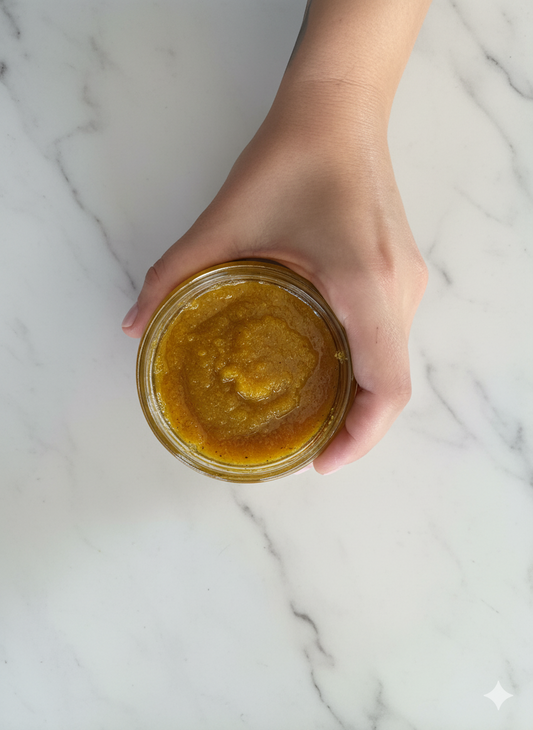 Peeling do ciała propolisowy Apimel widok z góry gęsta miodowa konsystencja w słoiczku