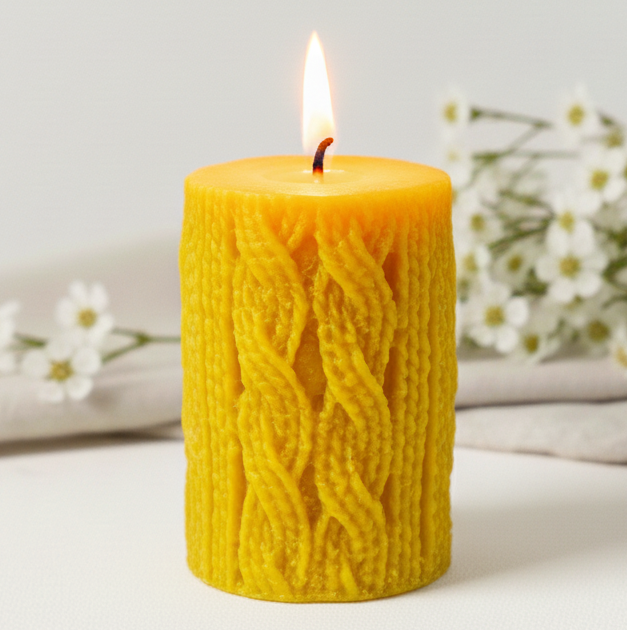 Świeca z wosku pszczelego walec w sweter dekoracyjna strukturalna