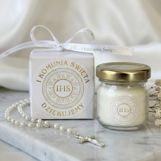 świeczka komunijna w słoiczku z pudełkiem IHS podziękowanie dla gości komunia święta elegancki upominek