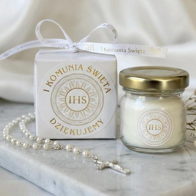 świeczka komunijna ihs w słoiczku z pudełkiem podziękowanie dla gości komunia święta elegancki zestaw