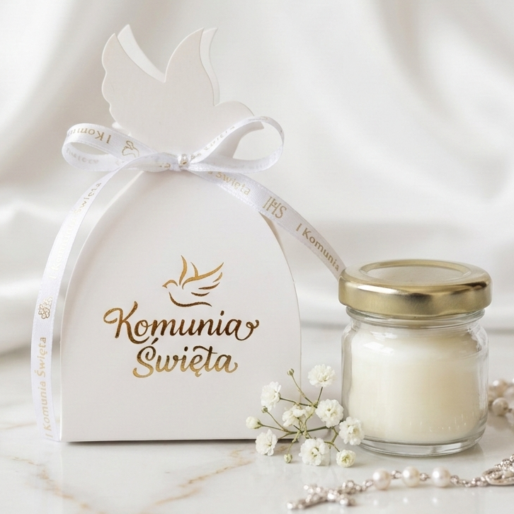 świeczka komunijna w słoiczku z pudełkiem komunia święta prezent dla gości elegancki upominek
