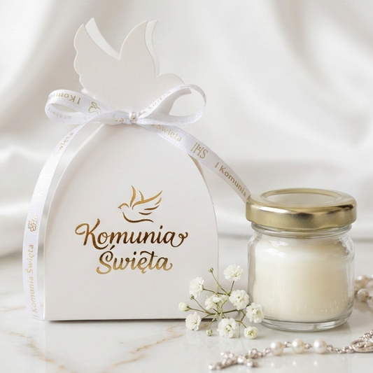 świeczka komunijna w słoiczku z pudełkiem komunia święta prezent dla gości elegancki upominek