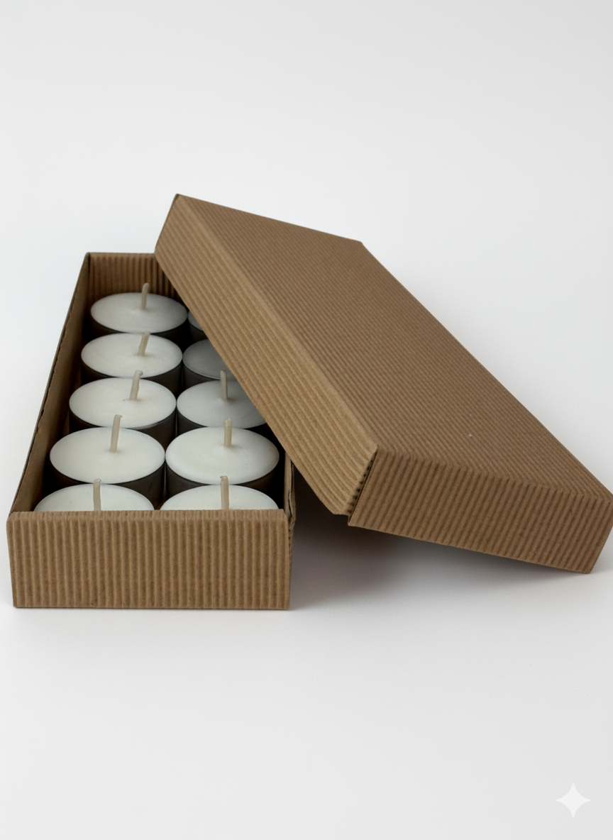 Zestaw świeczek tealight z wosku sojowego w kartonowym pudełku – małe podgrzewacze 100% wosk sojowy