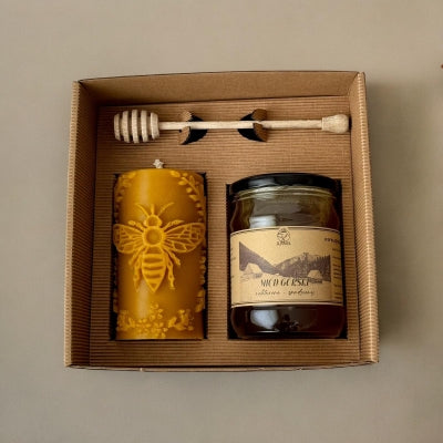 Zestaw Prezentowy NATURALNY MIÓD ŚWIECZKA PSZCZELA Z NABIERAKIEMApimel