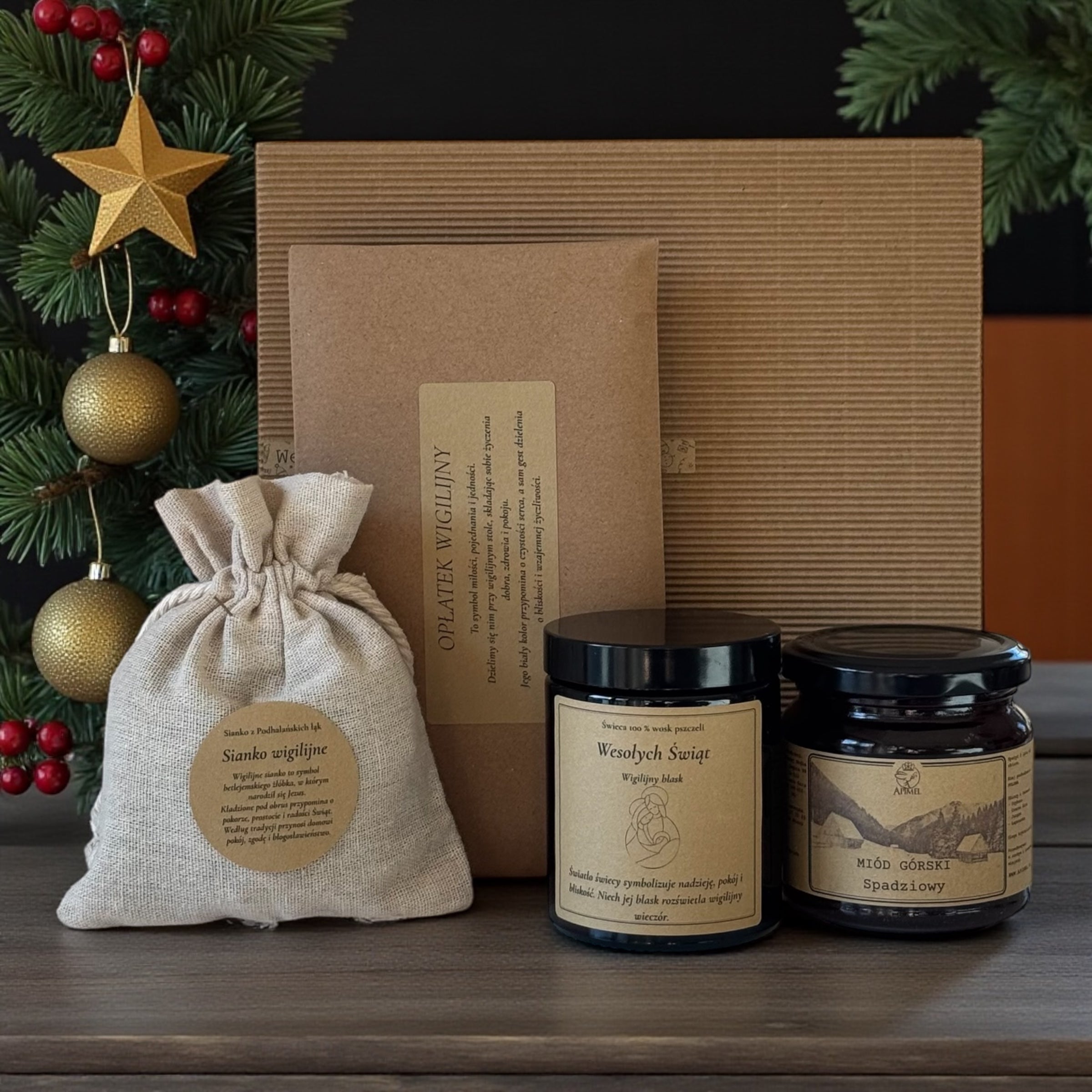 Zestaw prezentowy na Boże Narodzenie miód górski świeca z wosku pszczelego i opłatek wigilijny naturalny upominek świąteczny