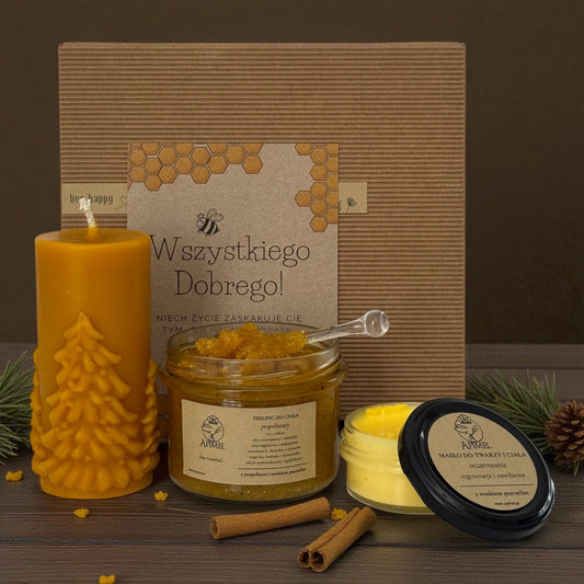 Zestaw prezentowy naturalne kosmetyki z woskiem pszczelim świeca choinka peeling i masło do ciała świąteczny upominek Wszystkiego Dobrego