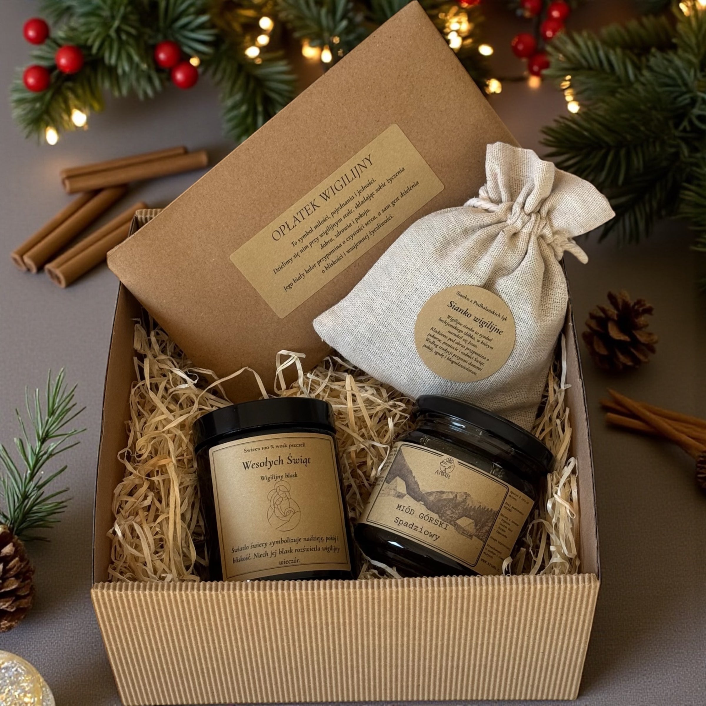 Świąteczny zestaw prezentowy z miodem i świecą z wosku pszczelego w pudełku prezentowym naturalny upominek na Boże Narodzenie