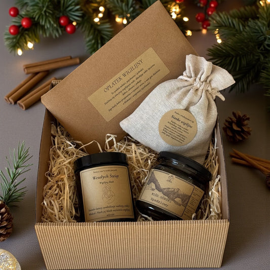 Świąteczny zestaw prezentowy z miodem i świecą z wosku pszczelego w pudełku prezentowym naturalny upominek na Boże Narodzenie